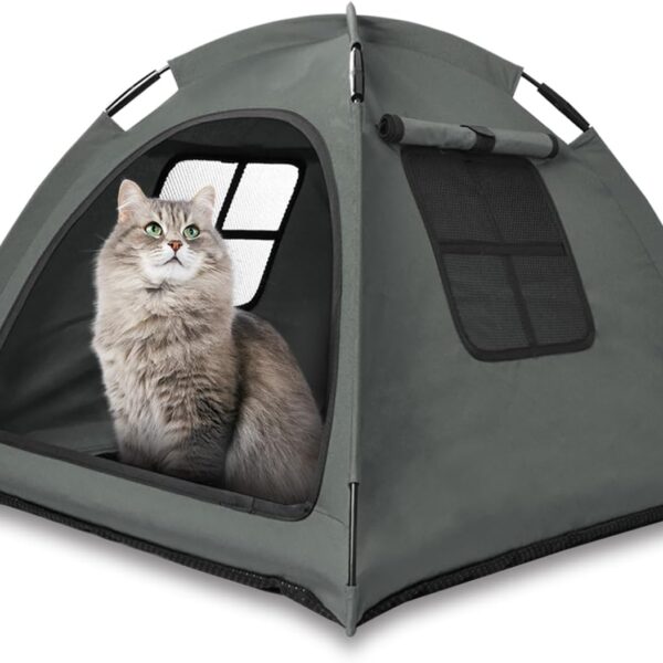 Open Design Pet Tent, Cozy Monitoring Bed for Cats & Puppies, Breathable Mesh Walls for Security & Ventilation, Indoor Outdoor Travel, Grey
