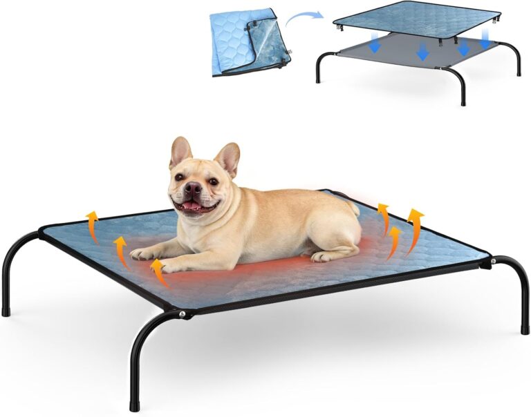 SZEE Raised Dog Bed with Detachable 2-Sided Cooling/Warming Waterproof Mat, Elevated Dog Cot Bed for Medium Sized Breeds with Durable Steel Frame & Sturdy Teslin Mesh, Outdoor & Indoor All-Season Use