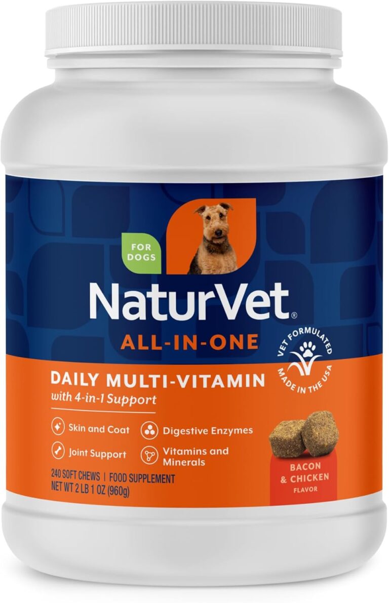 NaturVet All-in-One Dog Supplement - for Joint Support, Digestion, Skin, Coat Care  Dog Multivitamins with Minerals, Omega-3, 6, 9  Wheat-Free Vitamins for Dogs  240 Soft Chews