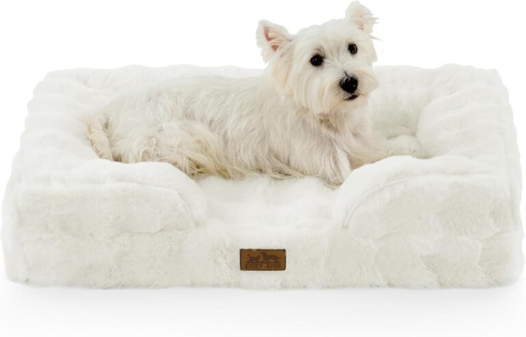 COZY KISS Orthopedic Dog Bed for Medium Small Size Dog, Soft and Warm Faux Fur Sofa for Pet Up to 40 lbs, Foam Bolster Anti-Slip Couch with Washable Removable Cover, M 30x20x6.5 inch, Beige