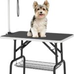 DWVO 36'' Dog Grooming Table, Foldable Pet Grooming Table with Adjustable Arm, Loop, and Mesh Tray, Non-Slip Portable Dog Bathing Station, Black