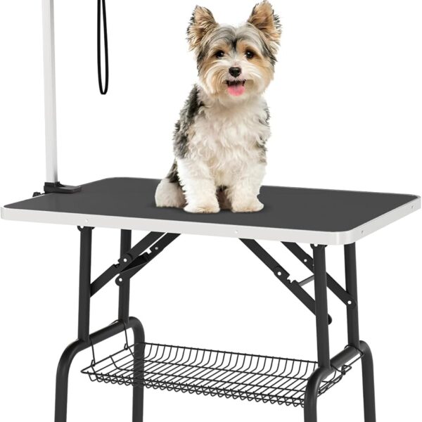 DWVO 36'' Dog Grooming Table, Foldable Pet Grooming Table with Adjustable Arm, Loop, and Mesh Tray, Non-Slip Portable Dog Bathing Station, Black