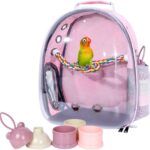 Pink Bird Backpack Carrier with Portable Bird Feeder Cups, Pet Bubble Carrier for Pet Birds, Airline-Approved, Ventilate Transparent Space Capsule Carrier Backpack for Travel, Hiking and Outdoor Use