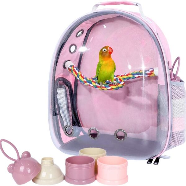Pink Bird Backpack Carrier with Portable Bird Feeder Cups, Pet Bubble Carrier for Pet Birds, Airline-Approved, Ventilate Transparent Space Capsule Carrier Backpack for Travel, Hiking and Outdoor Use