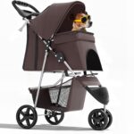 Magshion 3-Wheel Pet Stroller, Foldable Travel Jogger for Small & Medium Dogs & Cats (Up to 33lbs), Lightweight Carrier with Breathable Mesh Cover, Cup Holder & Storage Basket, Coffee