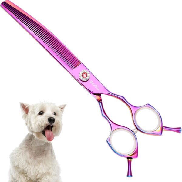 7.5in 25 Degree Curved Scissors for Dog Grooming Chunkers, Professional Dog Grooming Scissors Blender, VG10 Steel Sharp Blades, 56 Teeth High-end Pet Thinning Shears for Dogs Cats, 25% Thinning Rate