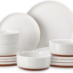 MALACASA Plates and Bowls Sets, 12 Pieces Modern Stoneware Dinnerware Set for 4 Kitchen Dinner Set Ceramic Dishware Dishes Set Microwave and Dishwasher Safe, White, Series TARA