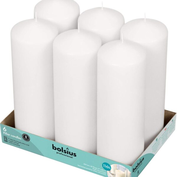 BOLSIUS 6 White Pillar Candles Bulk - 3x9 Inches Candle Set - 116+ Hours Clean Burning - No Palm Oil - 0% Animal Fat - Premium European Quality - Unscented Dripless Any Occasion Pillars