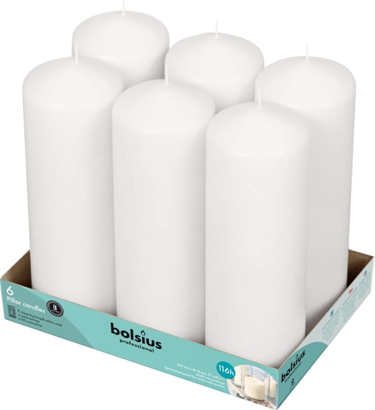 BOLSIUS 6 White Pillar Candles Bulk - 3x9 Inches Candle Set - 116+ Hours Clean Burning - No Palm Oil - 0% Animal Fat - Premium European Quality - Unscented Dripless Any Occasion Pillars
