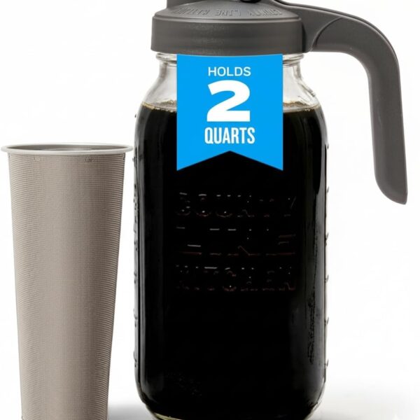 County Line Kitchen Glass Cold Brew Coffee Maker with Lid - Wide Mouth, 2 Quart (64 oz) - Heavy Duty, Leak Proof - Sun & Iced Tea Pitcher, Cold Brew Coffee, Breast Milk Storage, Water - Gray