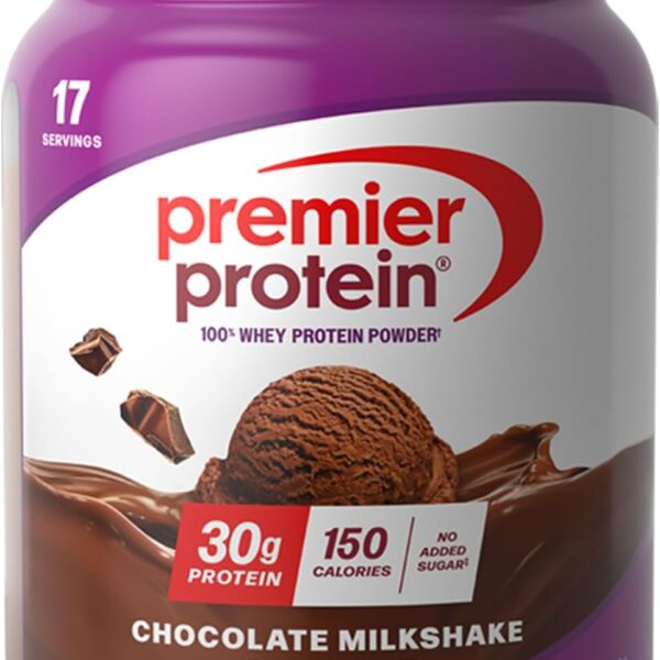 Premier Protein Powder, Chocolate Milkshake, 30g Protein, No Added Sugar, 100% Whey Protein, Keto Friendly, Soy & Gluten Free, 24.5 oz, 17 Servings (Packaging May Vary)