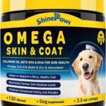 SHINEPAWS Omega 3 for Dogs, Salmon Fish Oil for Dogs Skin and Coat Chew with Omega 3 6 9 (EPA+DHA), ZINC, BIOTIN and Vitamin E & C for Dog Hot Spot Treatment, Itchy Skin Relief, 120ct Chicken Flavored