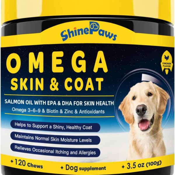 SHINEPAWS Omega 3 for Dogs, Salmon Fish Oil for Dogs Skin and Coat Chew with Omega 3 6 9 (EPA+DHA), ZINC, BIOTIN and Vitamin E & C for Dog Hot Spot Treatment, Itchy Skin Relief, 120ct Chicken Flavored