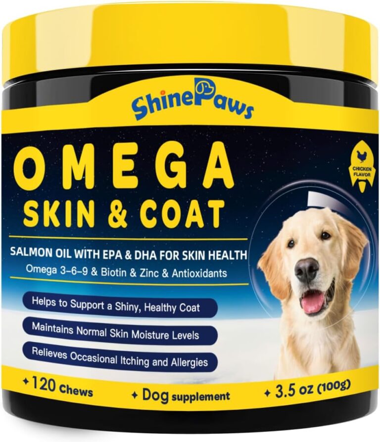 SHINEPAWS Omega 3 for Dogs, Salmon Fish Oil for Dogs Skin and Coat Chew with Omega 3 6 9 (EPA+DHA), ZINC, BIOTIN and Vitamin E & C for Dog Hot Spot Treatment, Itchy Skin Relief, 120ct Chicken Flavored