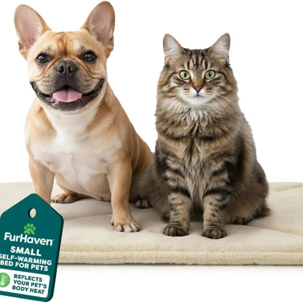 FurHaven ThermaNAP Self Warming Cat Mat, Dog Bed for Crates with Self-Warming Technology for Cozy Rest, Fully Machine Washable, Small, Plush Faux Fur, Cream