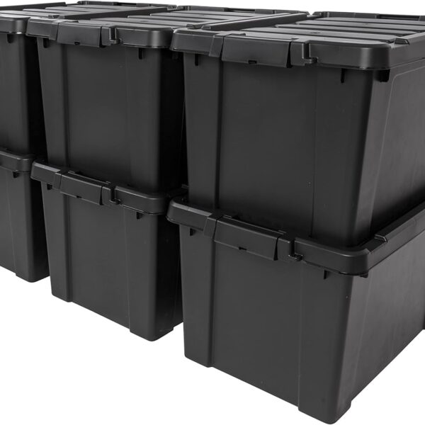IRIS USA 20 Gallon Lockable Storage Bins with Lids, 6 Pack - Made in USA, Heavy Duty, Stackable Containers, Garage Organizing Bins Moving Tubs, Rugged Sturdy Equipment Utility Box - Black