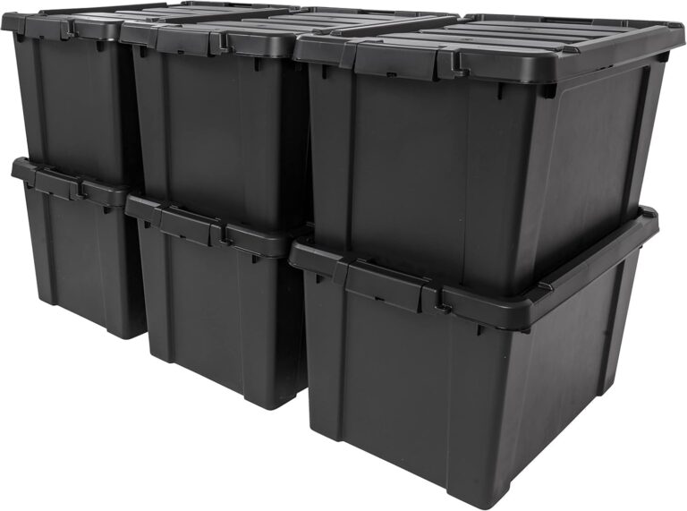 IRIS USA 20 Gallon Lockable Storage Bins with Lids, 6 Pack - Made in USA, Heavy Duty, Stackable Containers, Garage Organizing Bins Moving Tubs, Rugged Sturdy Equipment Utility Box - Black