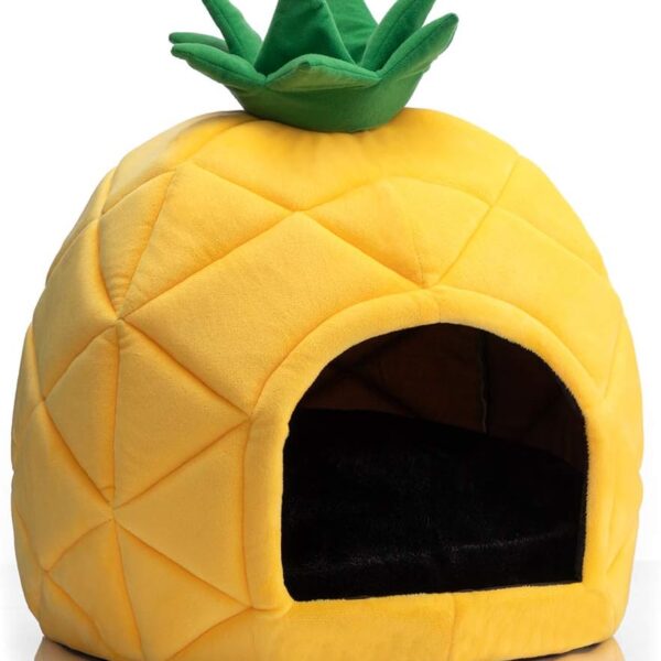Hollypet Cat Bed Self-Warming Kitty Cave Hut House Nest Pet Sleeping Bed for Indoor Cats, Yellow, Pineapple Cave