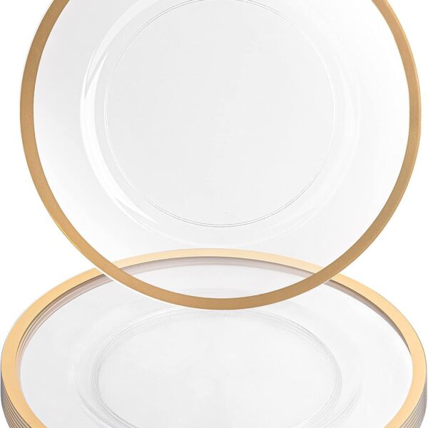 PARTY BARGAINS 13-Inch Charger Plates - 8 Pack, Clear Gold Rim, Heavy-Duty Disposable Chargers for Elegant Dining - Ideal for Weddings and Formal Events