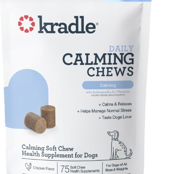 Kradle Calming Chews for Dogs -Vet Formulated with L-Theanine, Ashwagandha and GABA for Managing Normal Stress and Promoting Relaxation - Chicken Flavored Calming Supplement - 75 Soft Chews