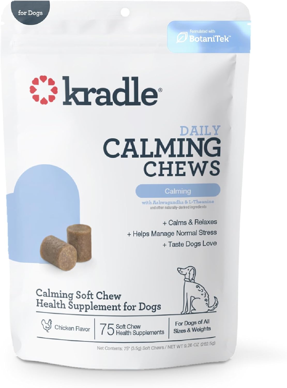 Kradle Calming Chews for Dogs -Vet Formulated with L-Theanine, Ashwagandha and GABA for Managing Normal Stress and Promoting Relaxation - Chicken Flavored Calming Supplement - 75 Soft Chews Kradle Calming Chews for Dogs -Vet Formulated with L-Theanine, Ashwagandha and GABA for Managing Normal Stress and Promoting Relaxation - Chicken Flavored Calming Supplement - 75 Soft Chews