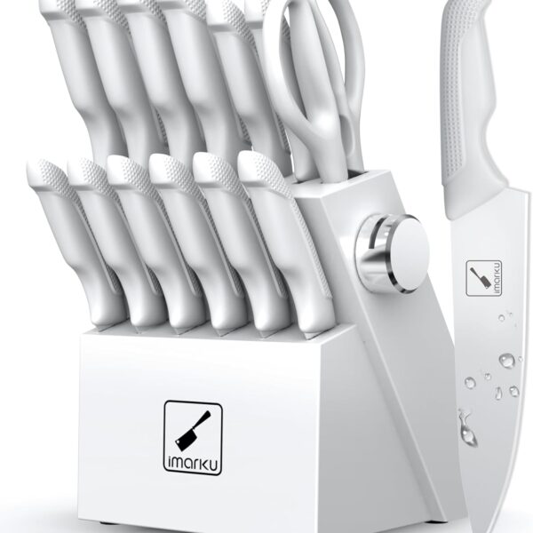 imarku Kitchen Knife Set, Japanese Knives Set for Kitchen, Stainless Steel Knife Set with Block, Kitchen Gadgets, White, Anti-Slip Handle, Dishwasher Safe, Christmas Gift for Women Men