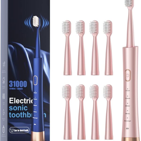 Sonic Electric Toothbrush for Adults, USB Rechargeable Sonic Toothbrush with 8 Brush Heads, Smart Timer, 5 Modes, 2-Hour Fast Charge Last 30 Days, Pink