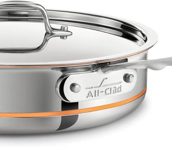 All-Clad Copper Core 5-Ply Stainless Steel Saut Pan with Steel Lid 5 Quart Induction Oven Broiler Safe 600F Pots and Pans, Cookware Silver