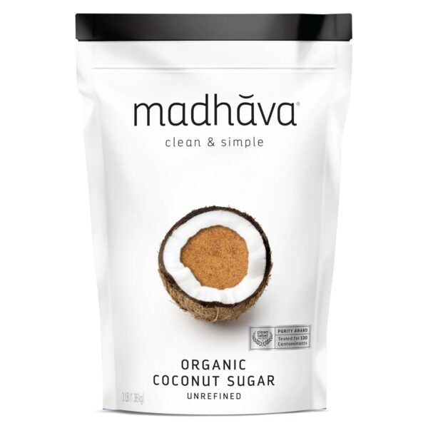 MADHAVA Organic Coconut Sugar 3 Lb. Bag (Pack of 1), Natural Sweetener, Sugar Alternative, Unrefined, Sugar for Coffee, Tea & Recipes, Vegan, Organic, Non GMO
