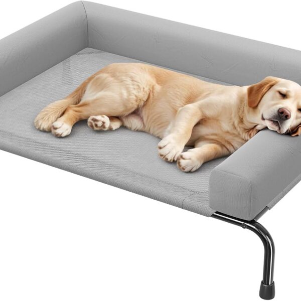 Simple Trending Elevated Dog Bed for Large Dogs, Cooling Raised Dog Cot with Bolsters, Breathable Pet Bed for Outdoor, 47.75" x 31", Grey