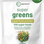 Micro Ingredients Super Greens Powder, 1lb | 100 Superfood Blend with Daily Greens, Fruits, Vegetables, Mushrooms & Probiotics | Source of Vegan Protein & Enzymes | Non-GMO, Gluten-Free, No Additives
