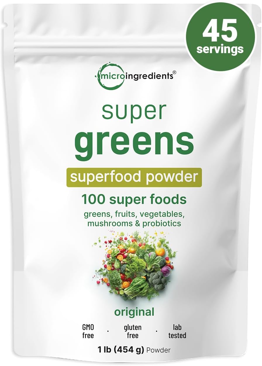 Micro Ingredients Super Greens Powder, 1lb | 100 Superfood Blend with Daily Greens, Fruits, Vegetables, Mushrooms & Probiotics | Source of Vegan Protein & Enzymes | Non-GMO, Gluten-Free, No Additives Micro Ingredients Super Greens Powder, 1lb | 100 Superfood Blend with Daily Greens, Fruits, Vegetables, Mushrooms & Probiotics | Source of Vegan Protein & Enzymes | Non-GMO, Gluten-Free, No Additives