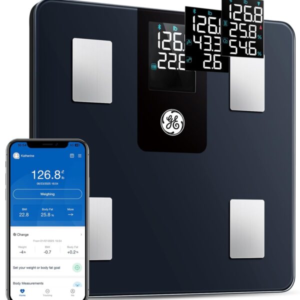 GE Smart Scale for Body Weight BMI Fat Muscle Mass with 14 Body Composition Metrics & All-in-one LCD Display, Digital Bathroom Weight Scales Bluetooth with App, Accurate Weighing Machine 400 lbs