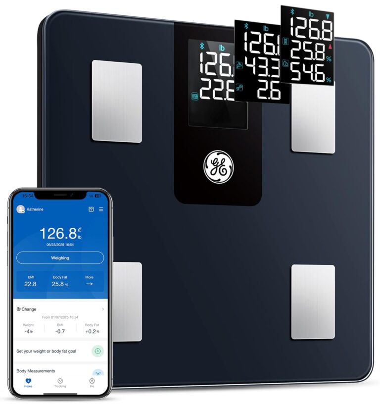 GE Smart Scale for Body Weight BMI Fat Muscle Mass with 14 Body Composition Metrics & All-in-one LCD Display, Digital Bathroom Weight Scales Bluetooth with App, Accurate Weighing Machine 400 lbs