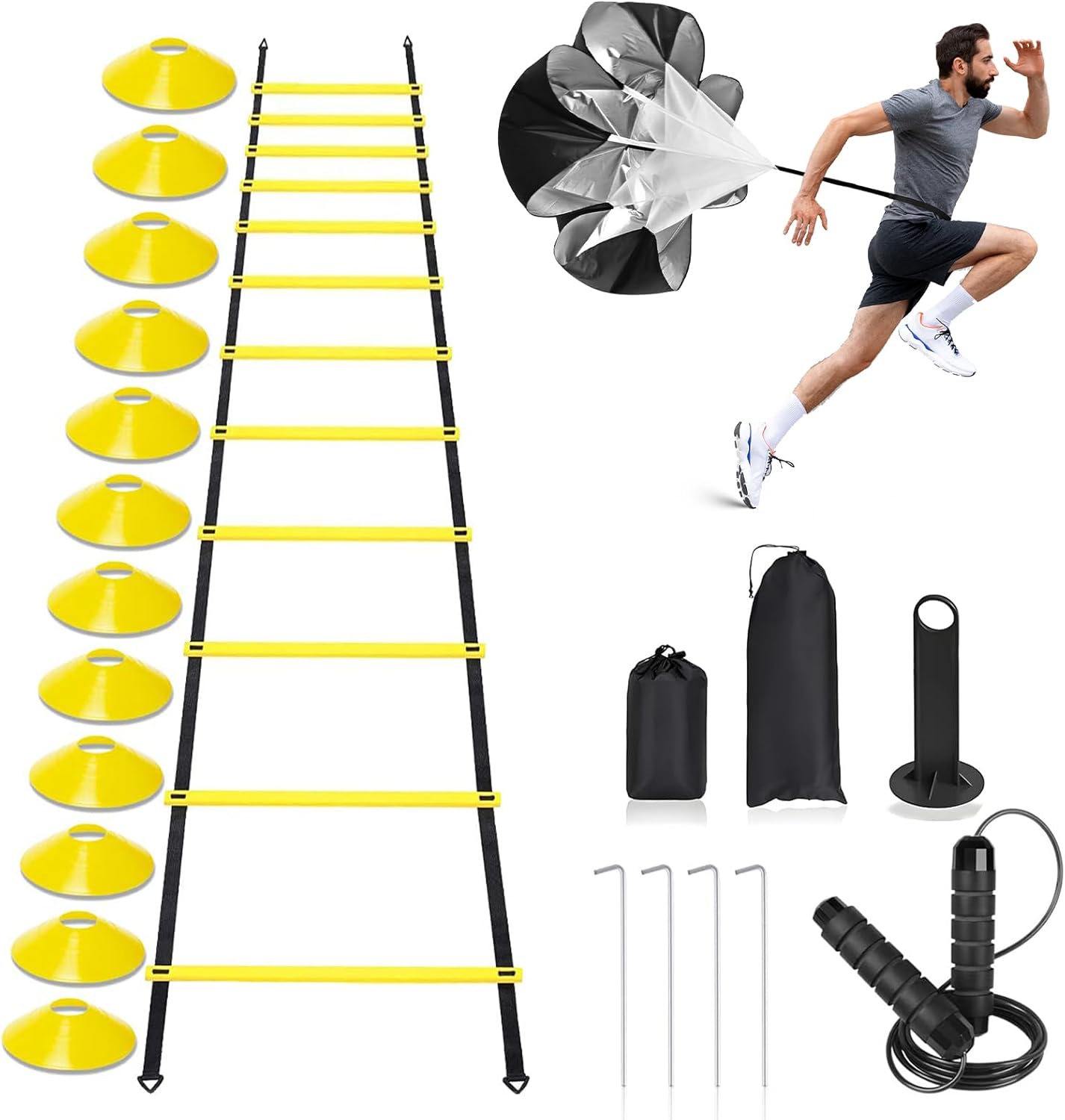 Agility Ladder,Speed Training Equipment Set,20ft Rungs Speed Ladder,Soccer Cones,Jump Rope, Running Resistance Umbrella,Basketball Equipment Football Fitness Training Equipment for Kids Youth Adults Agility Ladder,Speed Training Equipment Set,20ft Rungs Speed Ladder,Soccer Cones,Jump Rope, Running Resistance Umbrella,Basketball Equipment Football Fitness Training Equipment for Kids Youth Adults