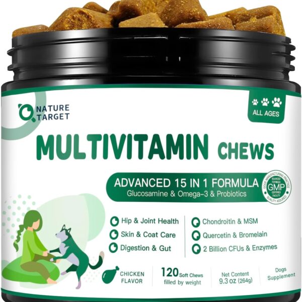 NATURE TARGET Multivitamin for Dogs - with MSM & Glucosamine, Omegas 3 & 6, Probiotics for Digestive Health, Joint Support, Skin & Coat, Immune System & Overall Health 120 Soft Chews