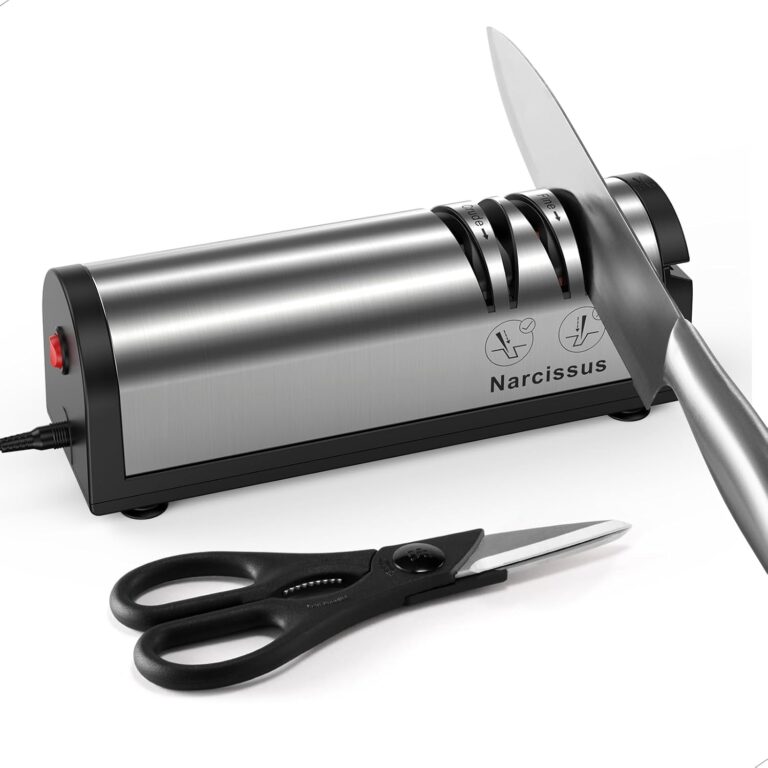 Narcissus Knife Sharpener, Professional 2 Stage Electric Knife Sharpener for Quick Sharpening & Polishing, with Scissors Sharpener and Metal Dust Collection Box, Stainless Steel, Silver