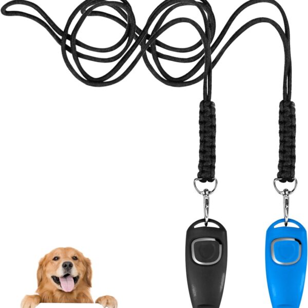 2 Pcs Dog Whistles with Lanyard, 2 in 1 Combined Dog Clicker Whistles for Training and Recall, Professional Dogs Training Whistle to Stop Barking Neighbors Dogs (Black, Blue)