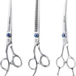JASON Left Handed 7" Dog Grooming Scissors Set, 3 in 1 Ergonomic Blending, Curved, Straight Cat Pet Hair Trimming Thinning Professional Kits with Offset Handle and a Jeweled Screw Christmas Gift