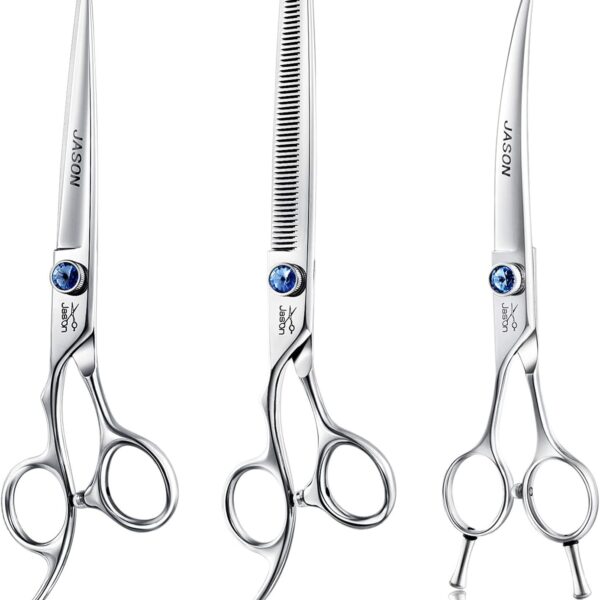 JASON Left Handed 7" Dog Grooming Scissors Set, 3 in 1 Ergonomic Blending, Curved, Straight Cat Pet Hair Trimming Thinning Professional Kits with Offset Handle and a Jeweled Screw Christmas Gift