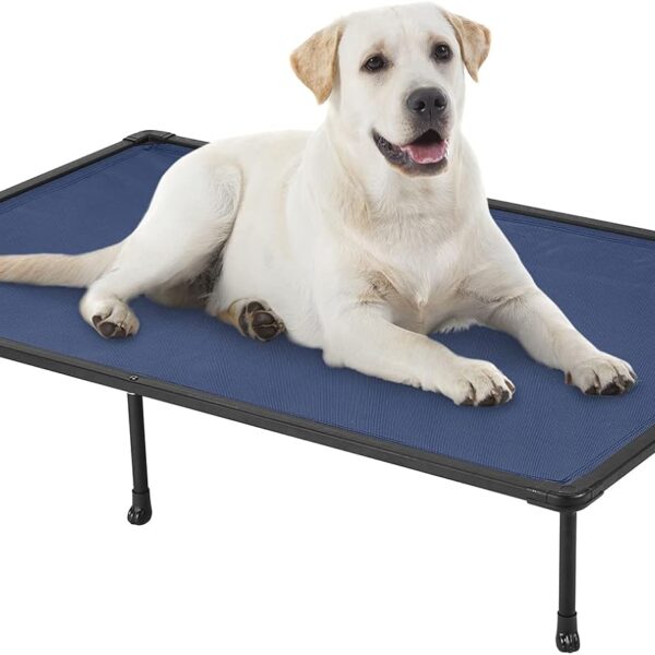 Veehoo Chewproof Elevated Dog Bed - Cooling Raised Pet Cot, Breathable Mesh, Washable & Non-Slip for Large Dogs, Indoor/Outdoor, Blue Mat and Black Frame, 59x37inches (Model CWC2203A03)