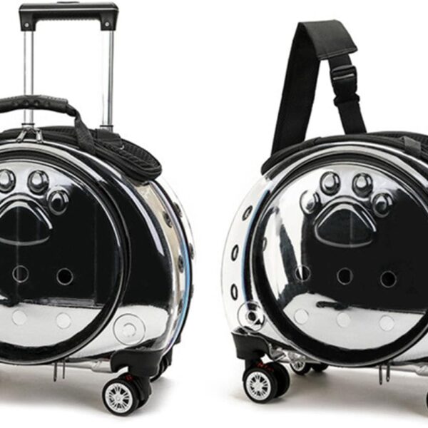Gupeaoi Pet Carrier with Wheels, Clear Bubble Pet Suitcase for Cat & Small Dog Under 11 Lbs - Plastic Rolling Carrier with Telescopic Handle, Shoulder Strap, Silent Wheels & Vent Holes (Black)