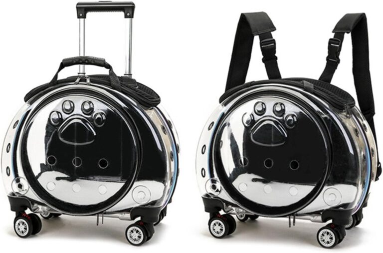 Gupeaoi Pet Carrier with Wheels, Clear Bubble Pet Suitcase for Cat & Small Dog Under 11 Lbs - Plastic Rolling Carrier with Telescopic Handle, Shoulder Strap, Silent Wheels & Vent Holes (Black)