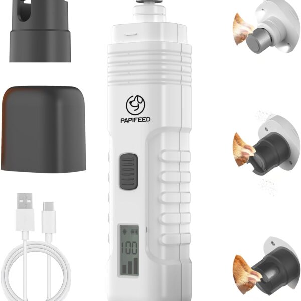 Dog Nail Grinder Professional Pets, 3-Speed Electric Quiet Dog Nail Grinder, Rechargeable Dog Nail Trimmers - with 2 LED Lights/2 Grinder Wheels, for Small, Medium, (White)
