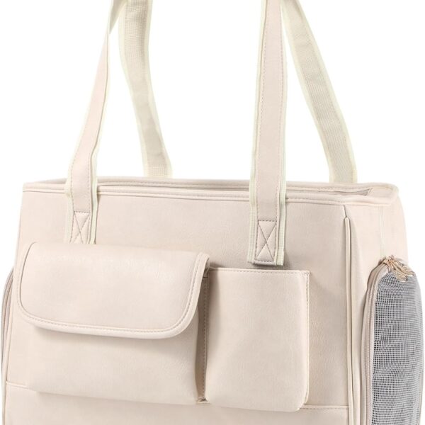 Dog Carrier Purse, Fashion Leather Pet Carrier Bag, Airline Approved Soft Sided Cat Travel Tote Bag with Pockets White