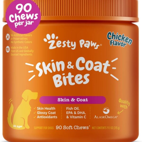Zesty Paws Omega 3 Alaskan Fish Oil Chew Treats for Dogs - with AlaskOmega for EPA & DHA Fatty Acids - Hip & Joint Support + Skin & Coat Chicken Flavor (90 Soft Chews)