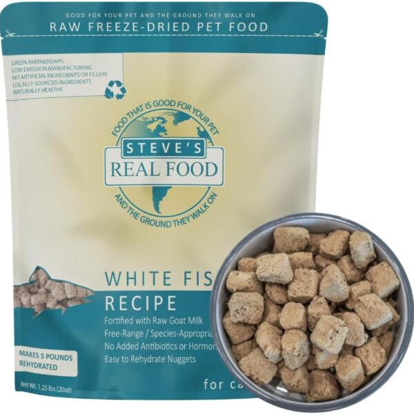 Steve's Real Food Freeze-Dried Raw Nuggets - White Fish Recipe - Raw Pet Food for Dogs and Cats - 20 oz