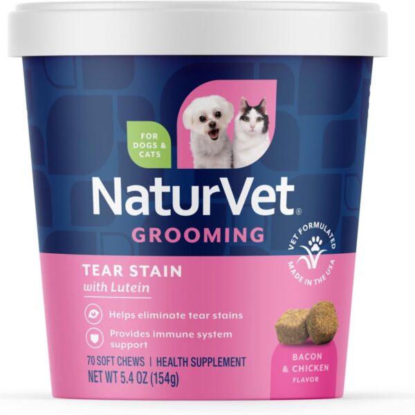 NaturVet Tear Stain Plus Lutein Eliminates Unsightly Tear Stains Enhanced with Cranberry Extract, Marshmallow Root & Oregon Grape Root for Dogs & Cats 70 Soft Chews