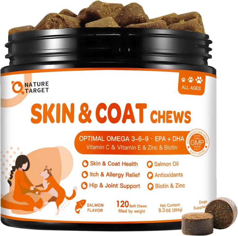 NATURE TARGET Omega 3 Fish Oil for Dogs, Salmon Oil Skin and Coat Supplement for Dogs Itchy Skin Relief with Omega 3-6-9 (EPA & DHA), Zinc, Biotin and Vitamin E & C - 120 Salmon Flavored Soft Chews
