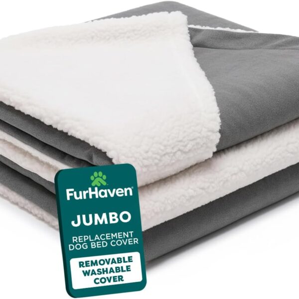FurHaven Replacement Dog Bed Cover for Sherpa & Suede Snuggery, Fits Cool Gel-Top Foam Beds & Solid Orthopedic Foam Beds, Machine Washable, Jumbo XL (44 inch), Gray